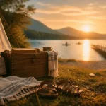 camping verdon lac sainte croix, tente près de l’eau au coucher du soleil