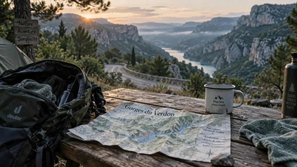 Camping vers gorges du verdon au matin : table au camping, carte des Gorges du Verdon et lac en arrière-plan