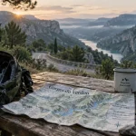 Camping vers gorges du verdon au matin : table au camping, carte des Gorges du Verdon et lac en arrière-plan