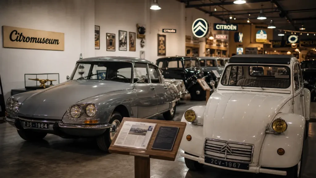 Intérieur du citromuseum castellane avec DS et 2CV exposées