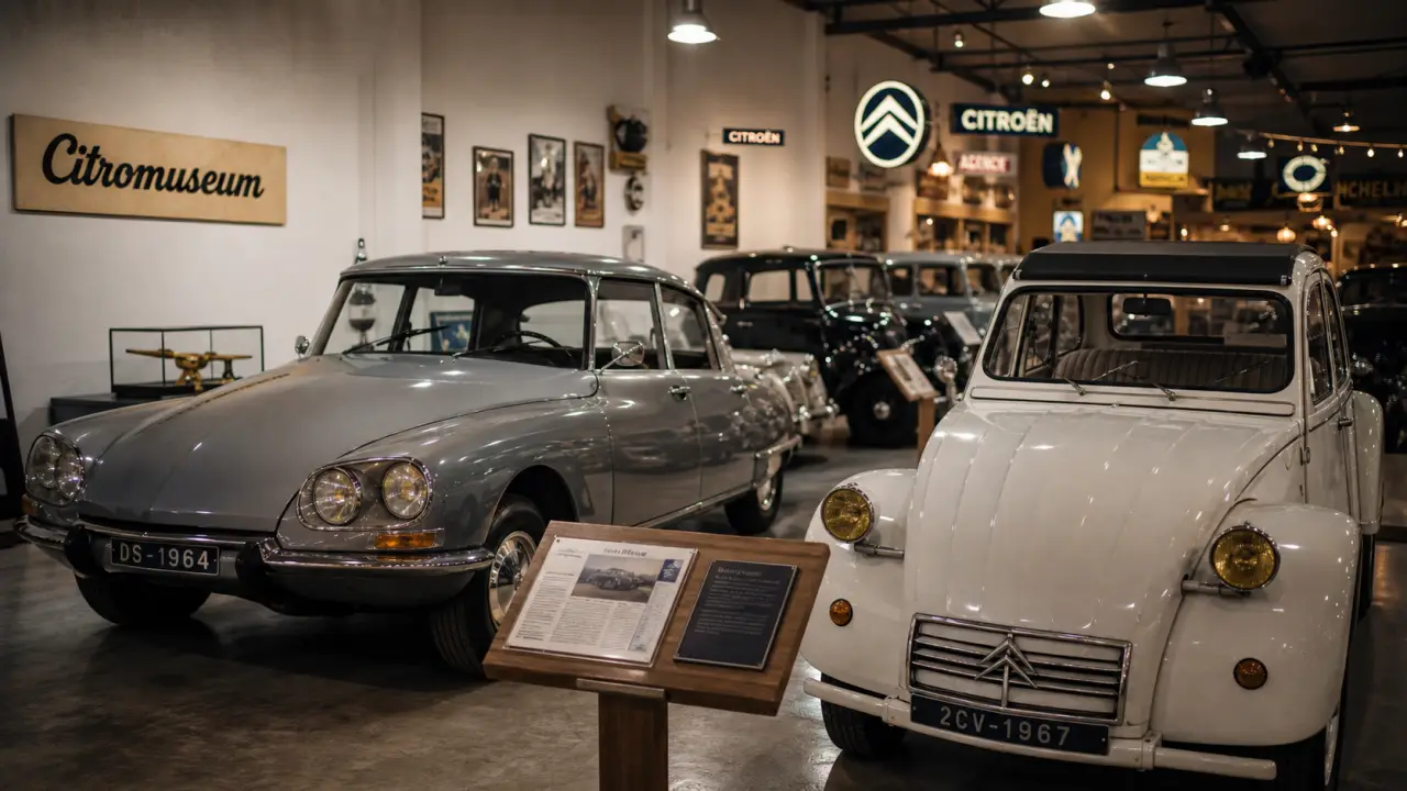 Intérieur du citromuseum castellane avec DS et 2CV exposées