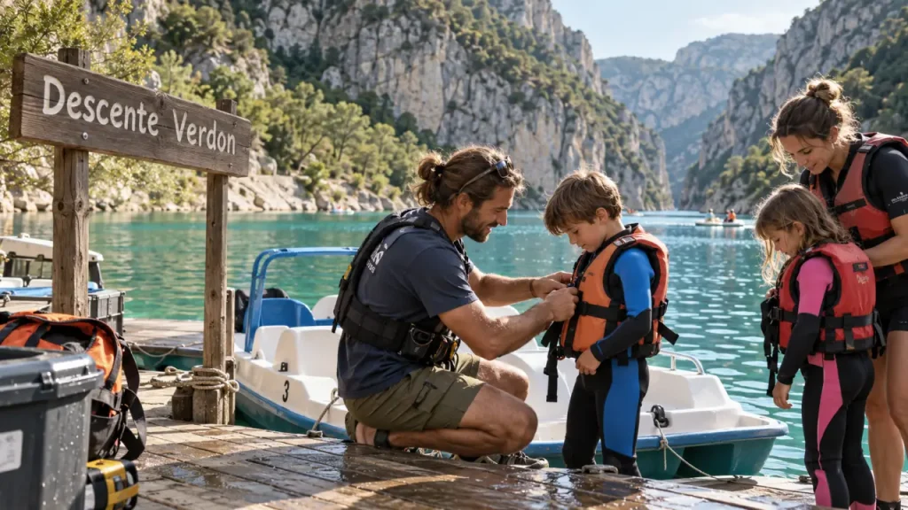 Descente des gorges du Verdon : guide aide famille à enfiler gilets près du pédalo
