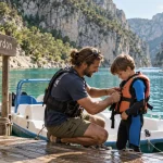 Descente des gorges du Verdon : guide aide famille à enfiler gilets près du pédalo