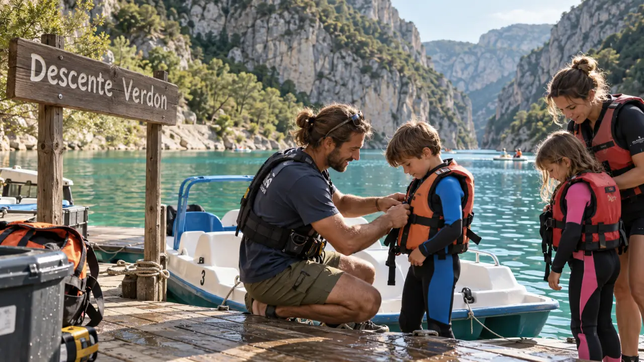 Descente des gorges du Verdon : guide aide famille à enfiler gilets près du pédalo