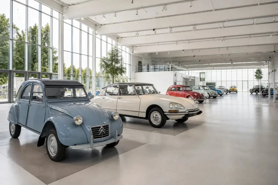 citromuseum castellane, salle d’exposition avec 2CV et DS