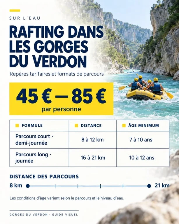 Infographie des tarifs du rafting dans les Gorges du Verdon selon le parcours, la durée et l’âge minimum