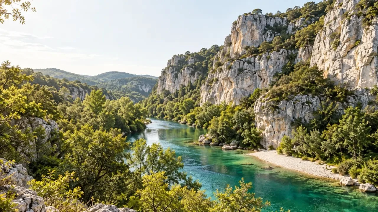Vallon de Sourn entre Correns et Châteauvert avec l’Argens, les falaises calcaires et une plage sauvage
