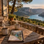 Gite gorges du verdon : terrasse avec vue sur le lac de Sainte-Croix et les Gorges du Verdon