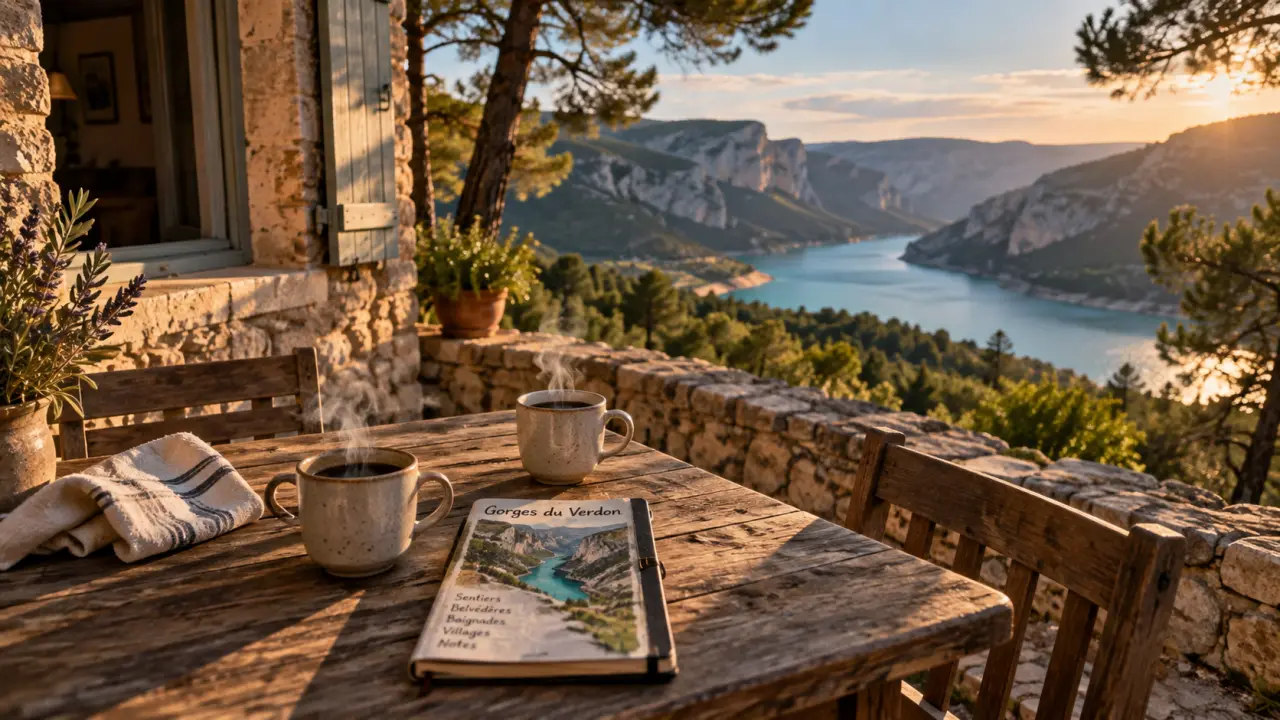 Gite gorges du verdon : terrasse avec vue sur le lac de Sainte-Croix et les Gorges du Verdon