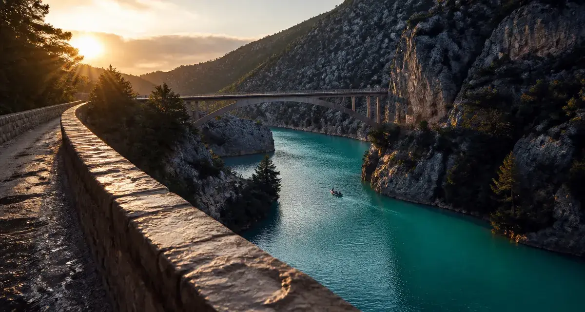 gorges du verdon photo : belvédère au lever du soleil, lac turquoise