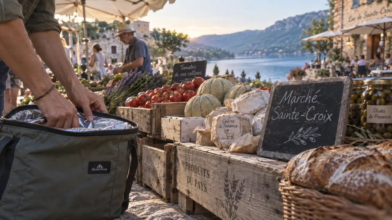 Jour de marché lac de Sainte-Croix : étals et produits au petit matin près du lac