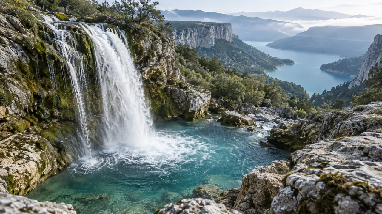 lac de sainte croix cascade, cascade depuis un belvédère sur le Verdon