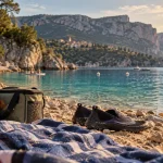 lac de sainte croix plage : serviette et chaussures d’eau au bord du lac, eau turquoise et villages au loin
