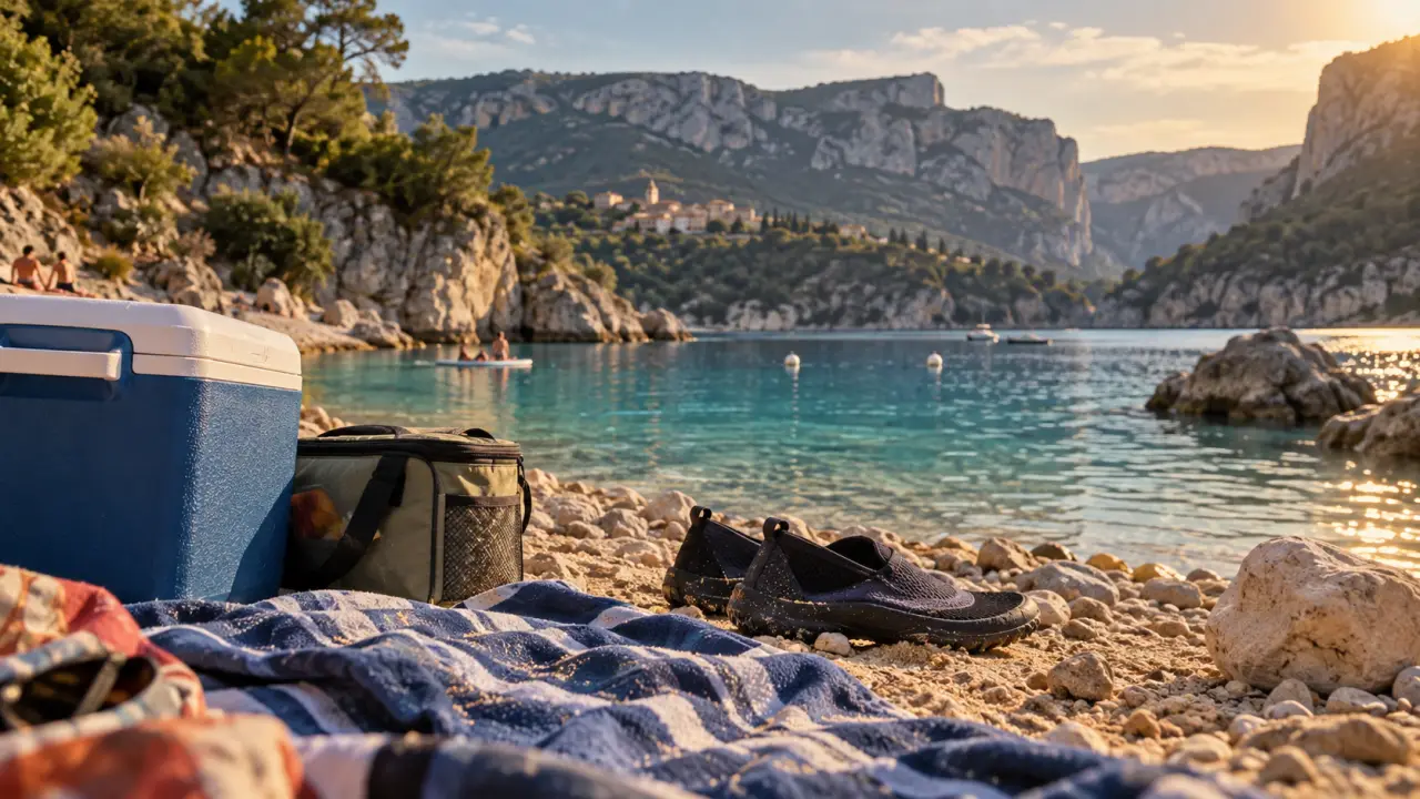 lac de sainte croix plage : serviette et chaussures d’eau au bord du lac, eau turquoise et villages au loin