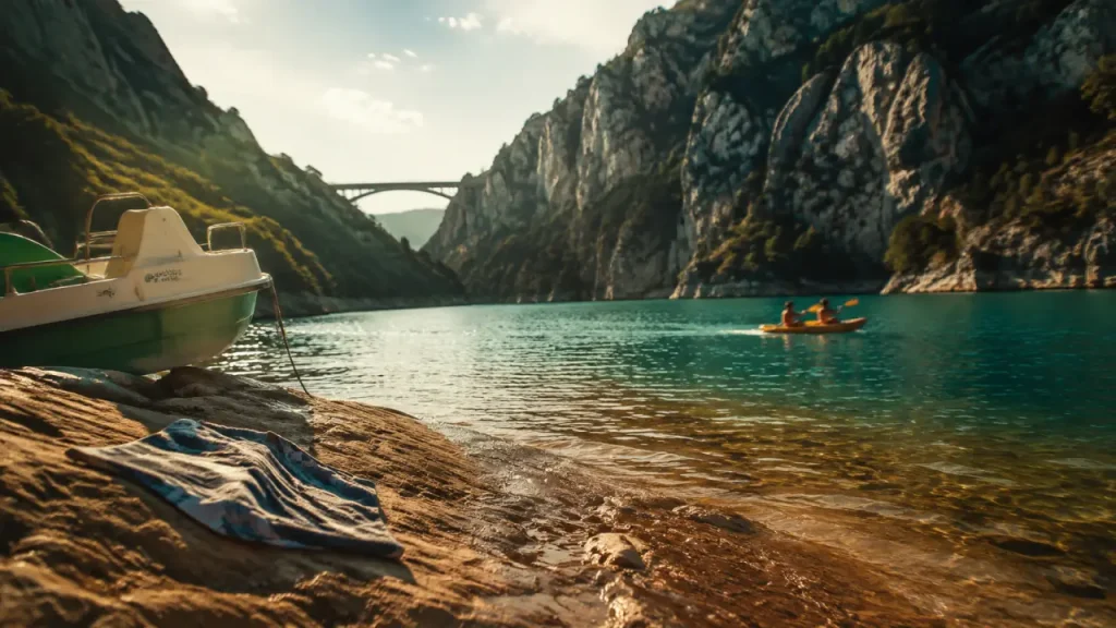Kayak sur le lac des gorges du verdon, eaux turquoise à Sainte-Croix