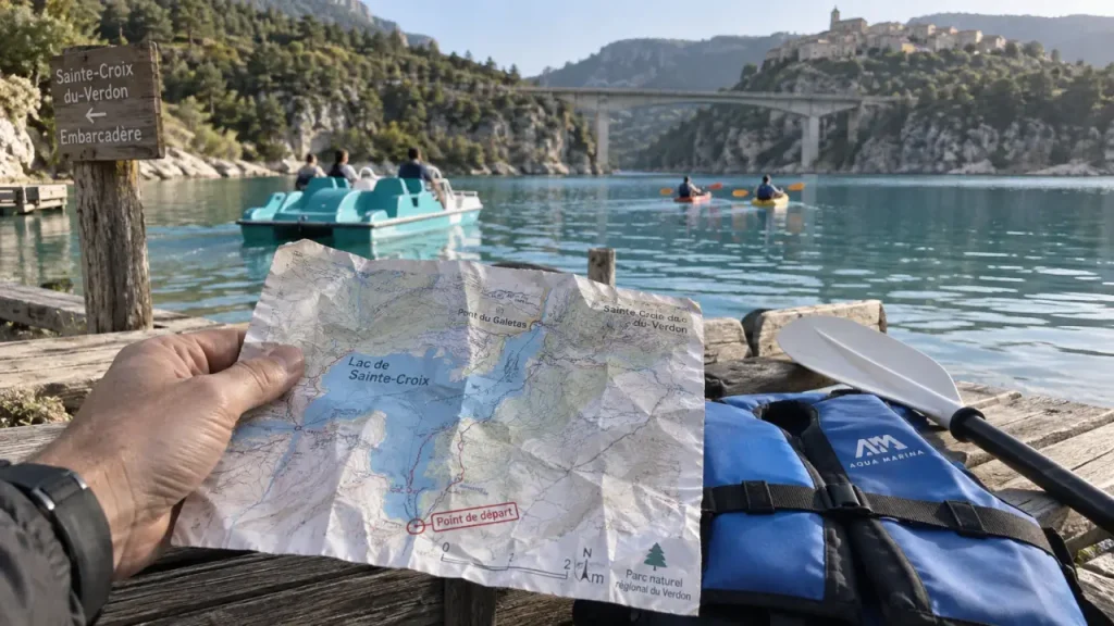 Location lac de sainte croix : pédalo et kayaks au quai, carte du lac
