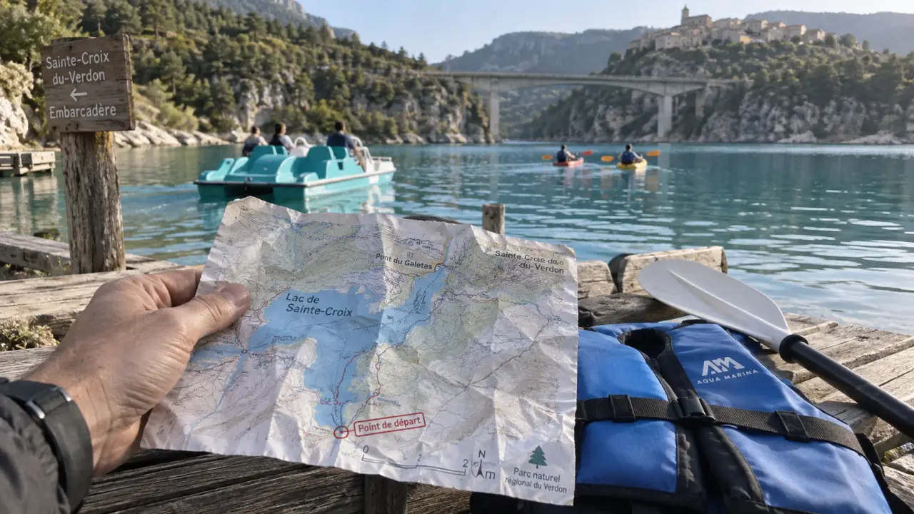 Location lac de sainte croix : pédalo et kayaks au quai, carte du lac