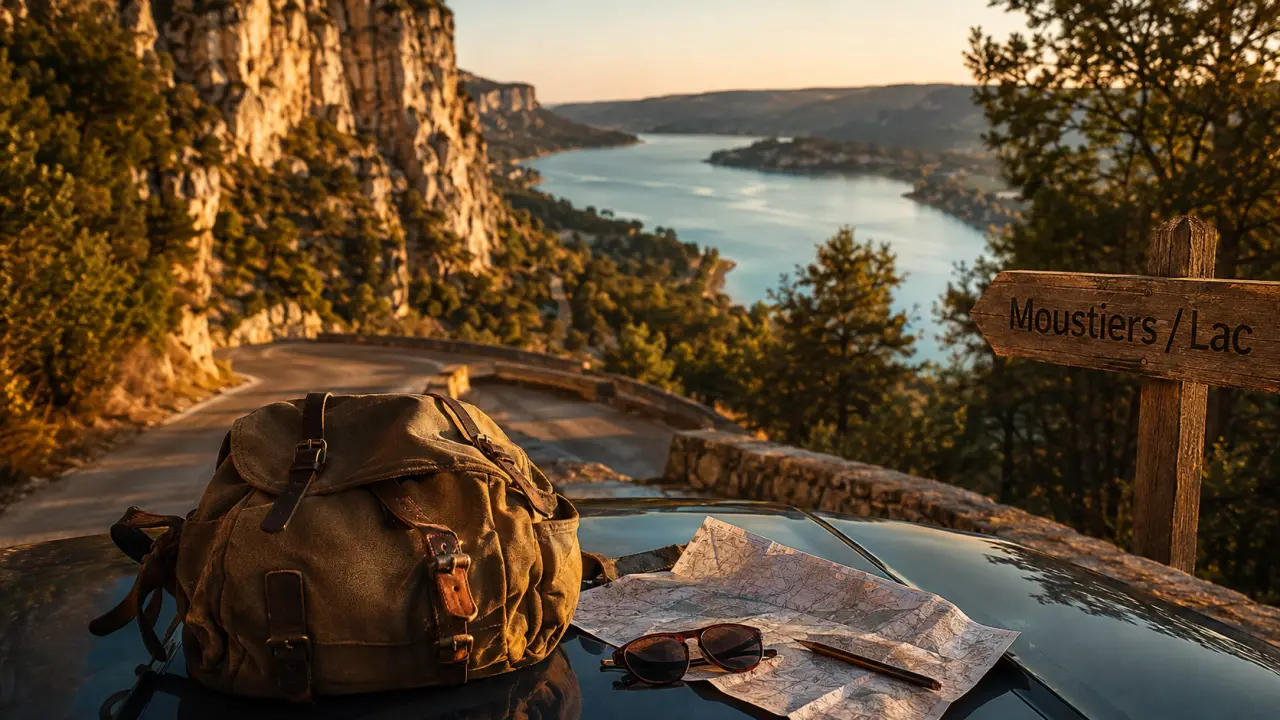 Logement Gorges du Verdon : voiture au bord du lac et lac de Sainte-Croix