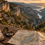 Loger gorges du Verdon : vue des Gorges, route et lac turquoise, près de Moustiers
