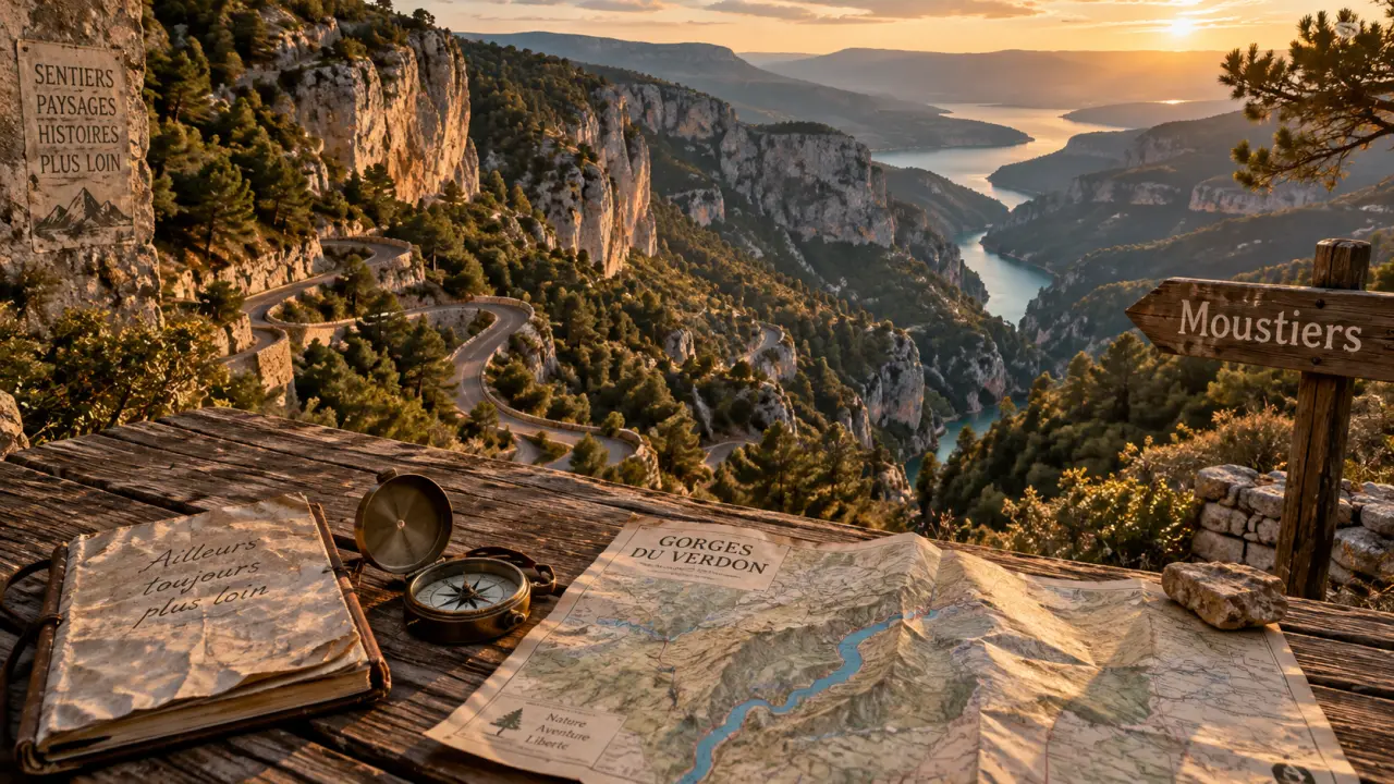 Loger gorges du Verdon : vue des Gorges, route et lac turquoise, près de Moustiers