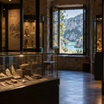 Museum of prehistory of the gorges du verdon à Quinson : vitrine d’outils préhistoriques et falaises en arrière-plan