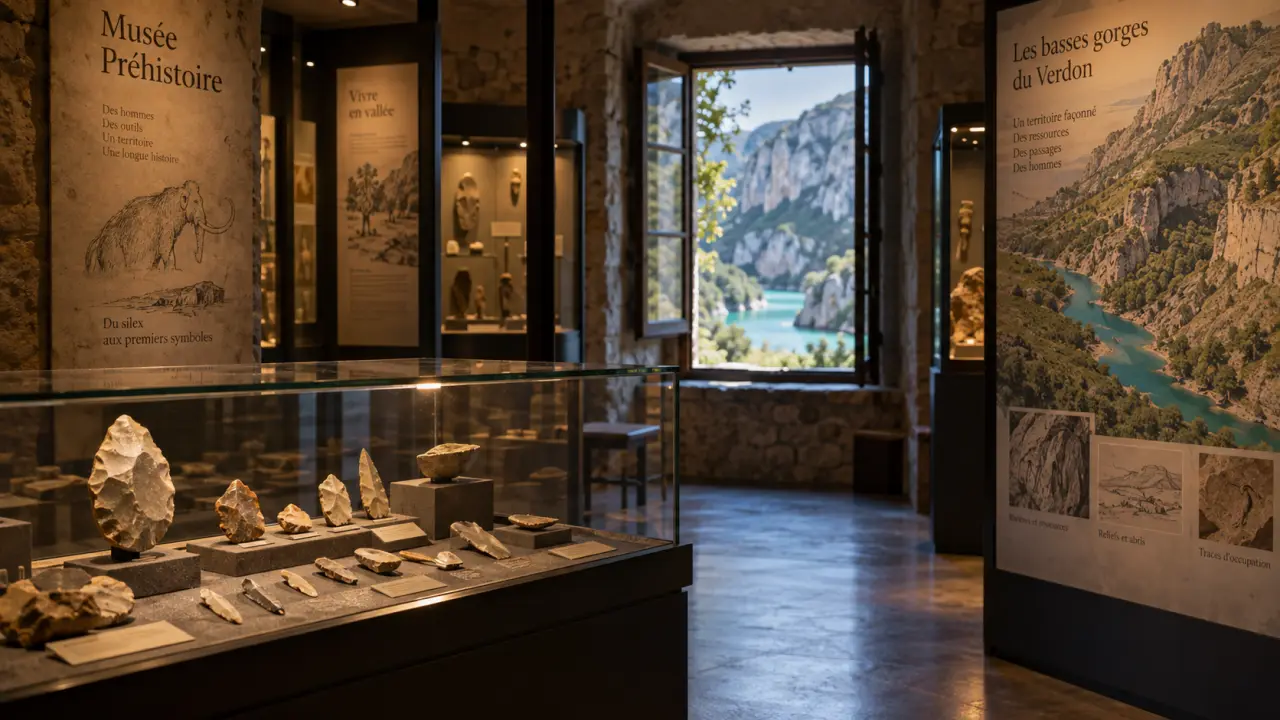 Museum of prehistory of the gorges du verdon à Quinson : vitrine d’outils préhistoriques et falaises en arrière-plan