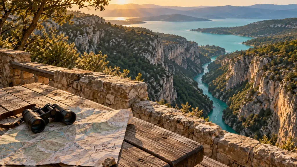 Belvédère pour ou aller dans les gorges du Verdon au Pont du Galetas, vue sur l’eau turquoise et les falaises.