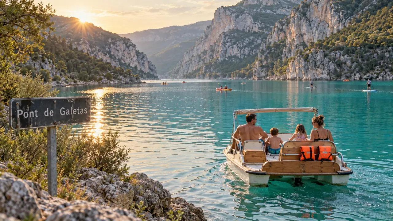 Pedalo lac de sainte croix au lever du soleil, gilets orange
