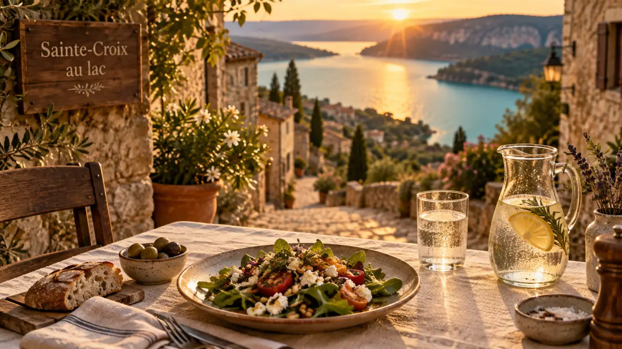 Restaurant lac de sainte croix avec vue sur le lac et terrasse au coucher du soleil