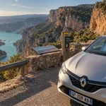 Road trip gorges du verdon : voiture près d’un belvédère, falaises et lac Sainte-Croix