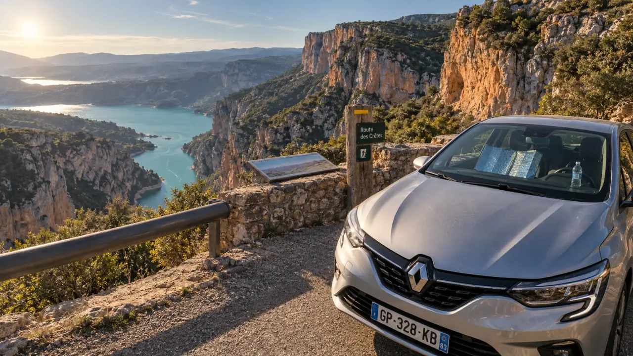Road trip gorges du verdon : voiture près d’un belvédère, falaises et lac Sainte-Croix