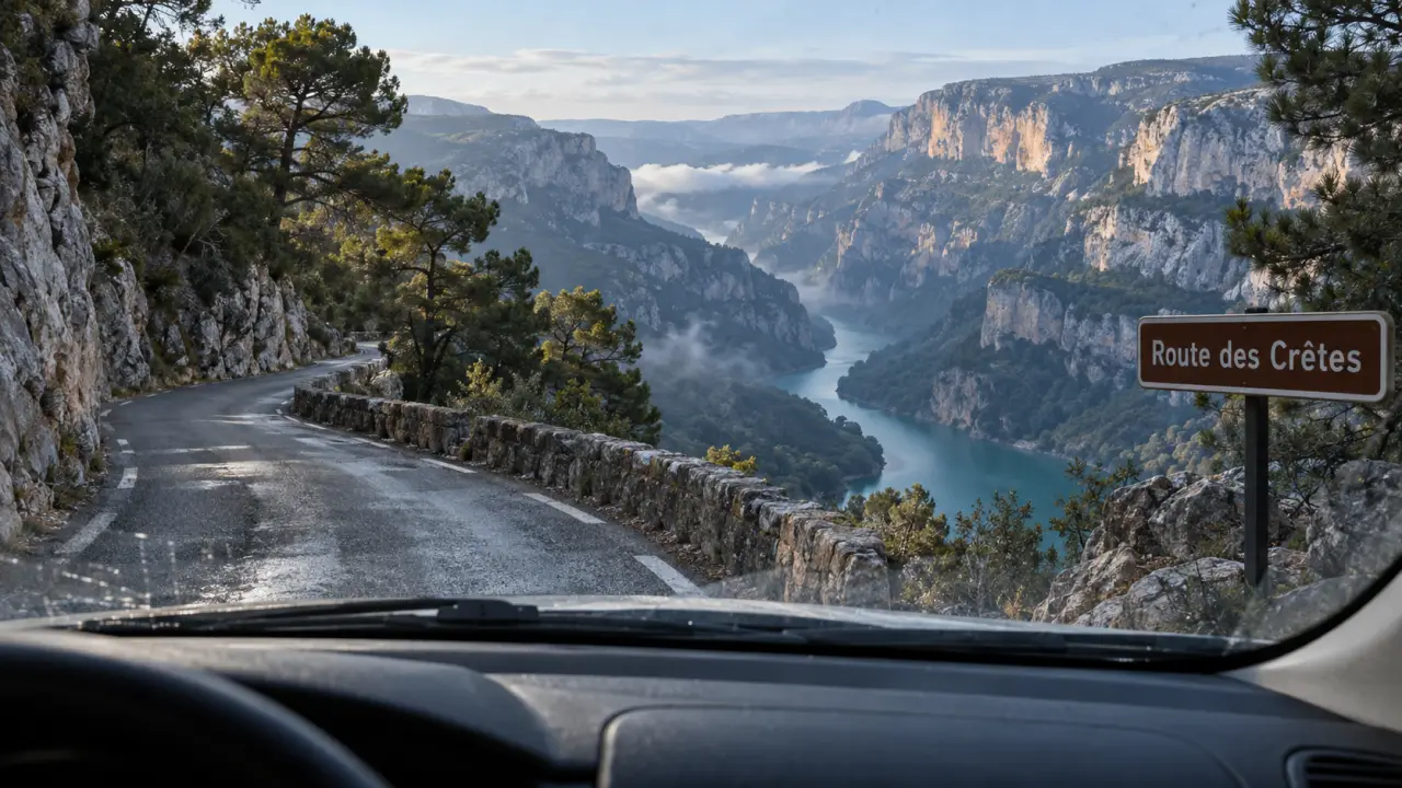 Route des Gorges du Verdon, belvédères : route en lacets près d’Aiguines