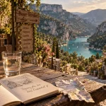 Village gorges du Verdon, vue terrasse sur le lac de Sainte-Croix et le Verdon