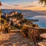 Aiguines Gorges du Verdon : ruelle pavée vers le belvédère sur le lac