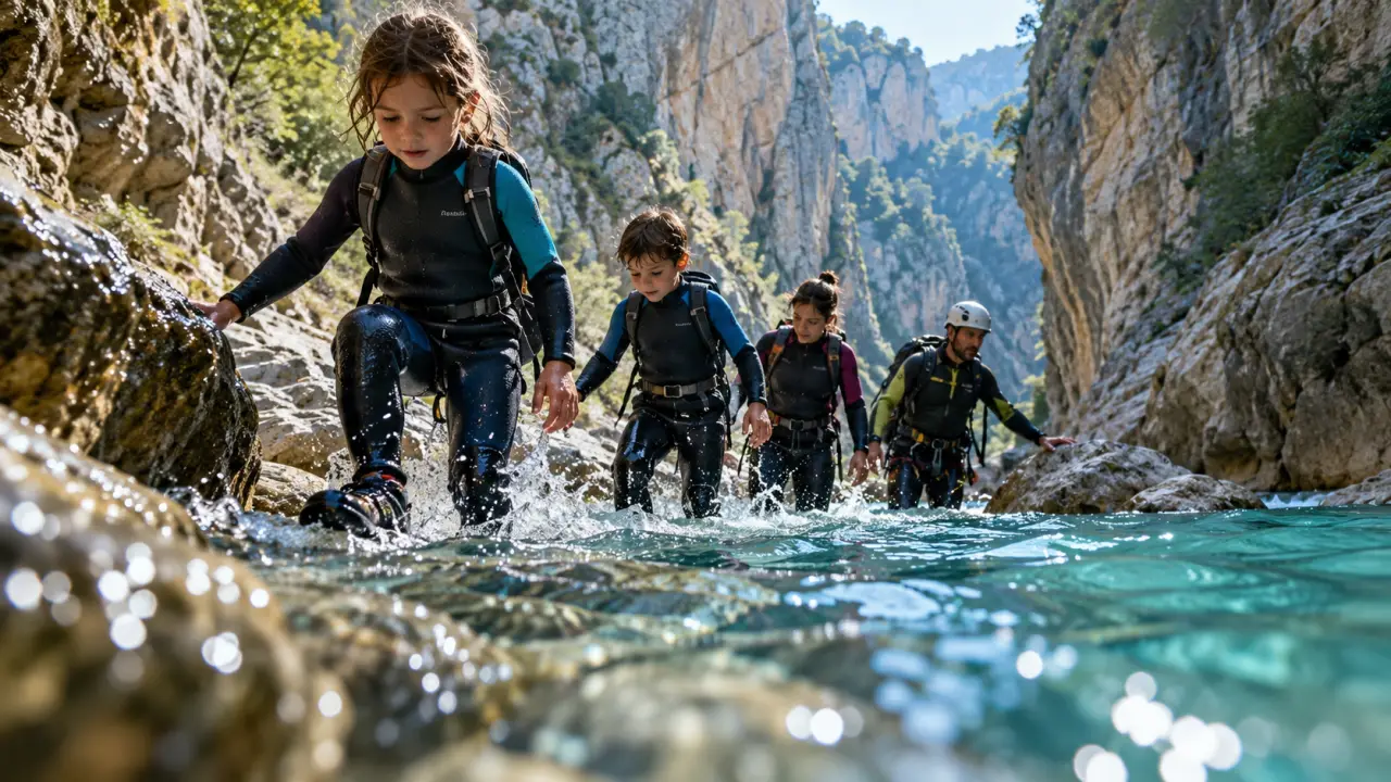 Aqua rando gorges du Verdon : famille en combinaisons nage en eau froide