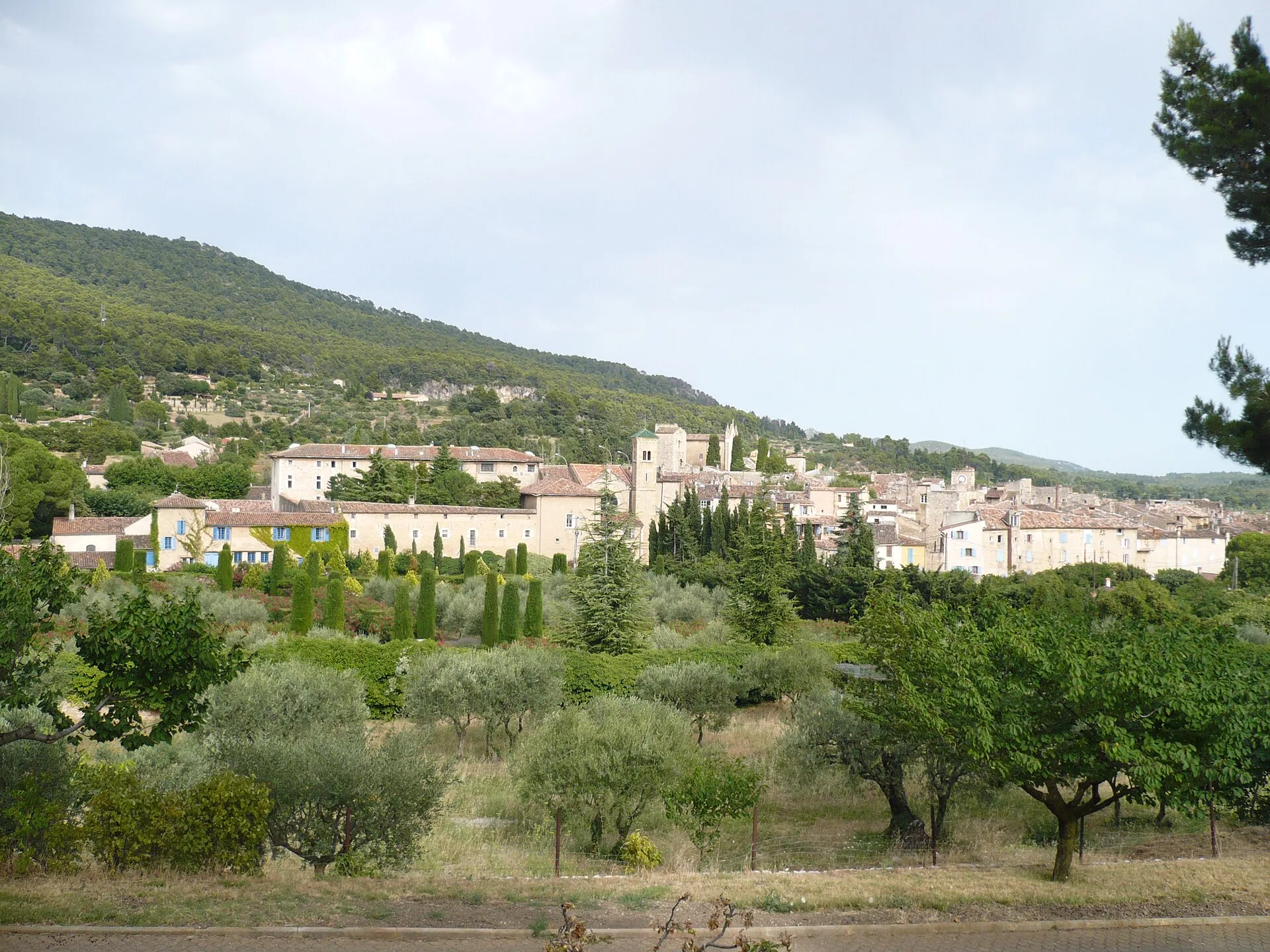 Le village d’Aups, ses maisons et les jardins au pied des collines.