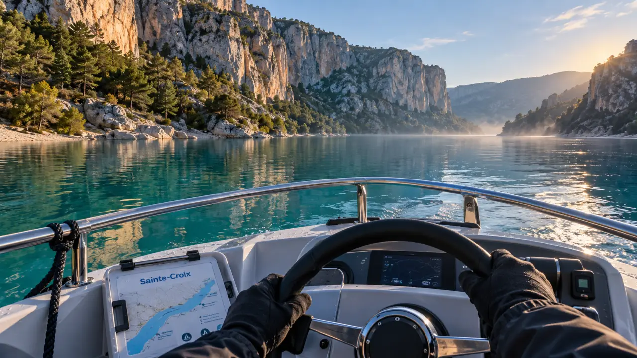 bateau electrique lac de sainte croix, vue depuis le bateau, falaises et eau turquoise