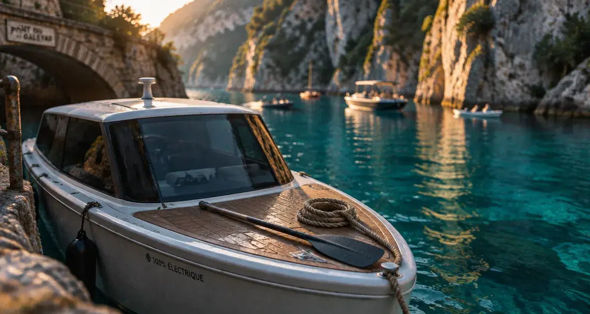 Bateaux gorges du Verdon : bateau électrique au Galetas sur eau turquoise