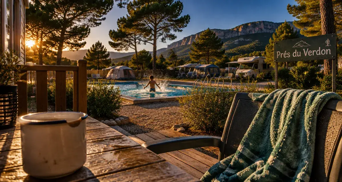 Camping Bel Air Village Les Prés du Verdon : terrasse bois et piscine non chauffée