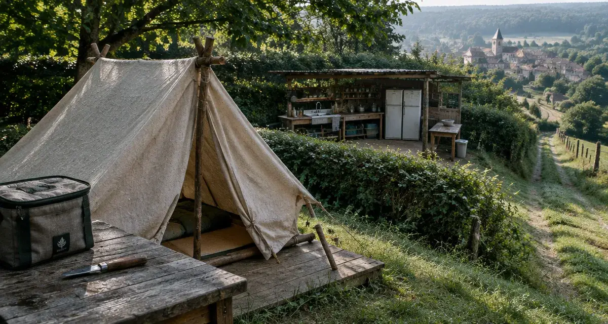 Camping bio Verdon : tente sur terrasse en herbe