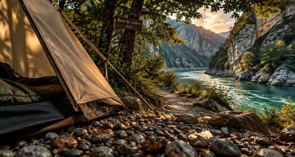 Camping bord de rivière Gorges du Verdon : tente près de la berge et baignade