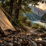 Camping bord de rivière Gorges du Verdon : tente près de la berge et baignade
