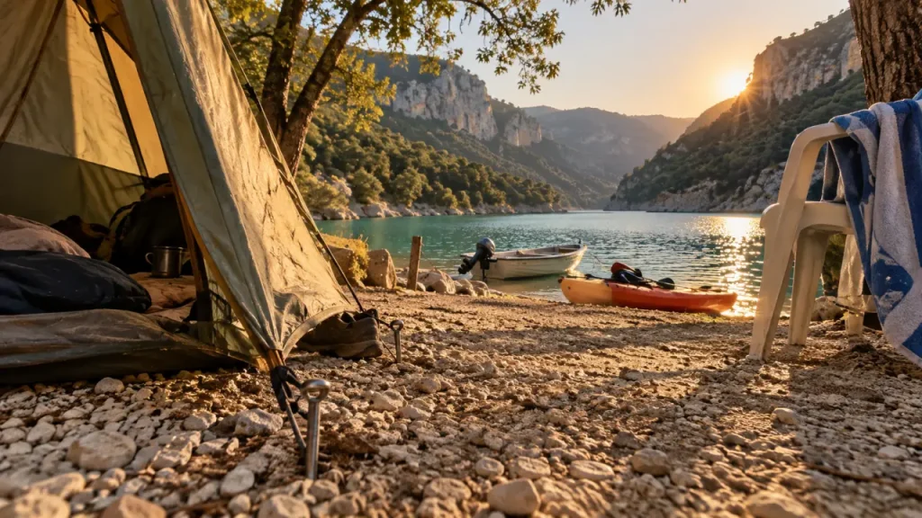 Camping du lac Saint-Julien-du-Verdon : tente et kayak près du lac
