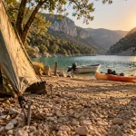 Camping du lac Saint-Julien-du-Verdon : tente et kayak près du lac