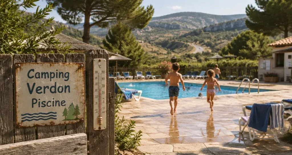 Camping gorges du verdon pas cher avec piscine : entrée et piscine rectangulaire