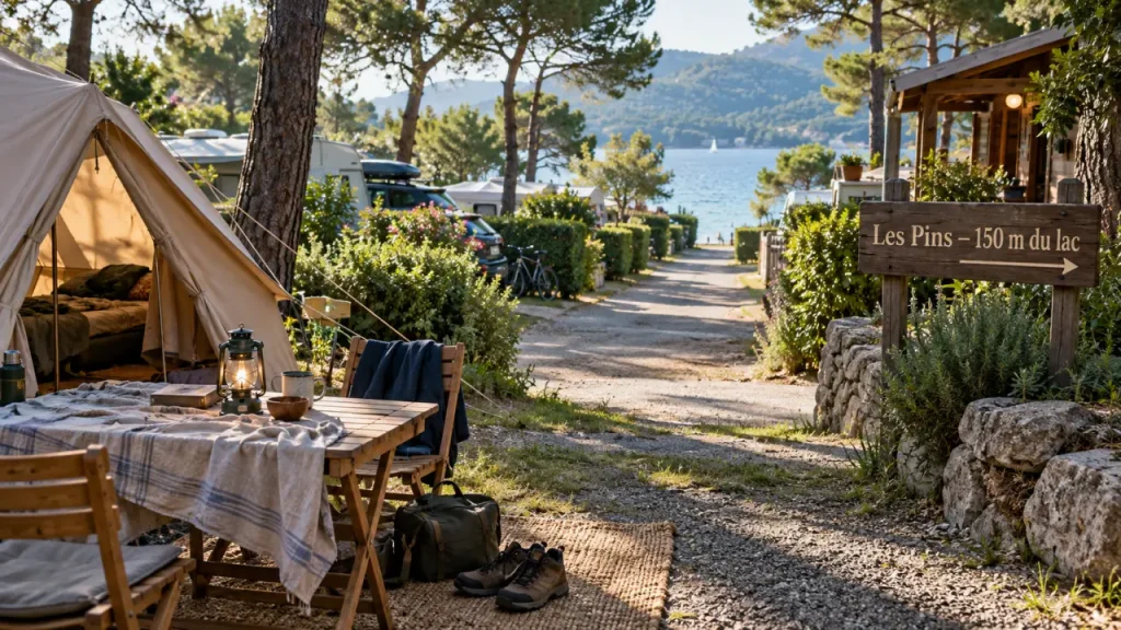 Camping Les Pins Salles-sur-Verdon, 150 m du lac, vue depuis l’allée du camping.