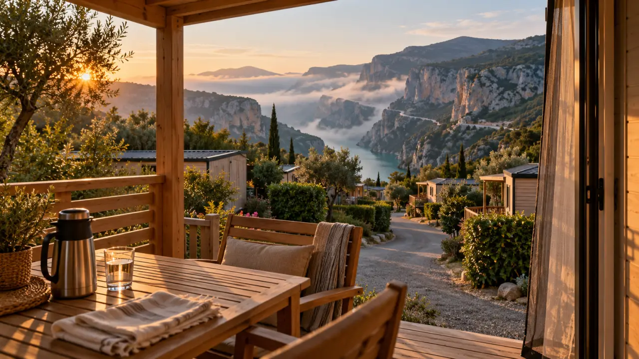 Camping mobil home gorges du Verdon, terrasse et vue sur les gorges