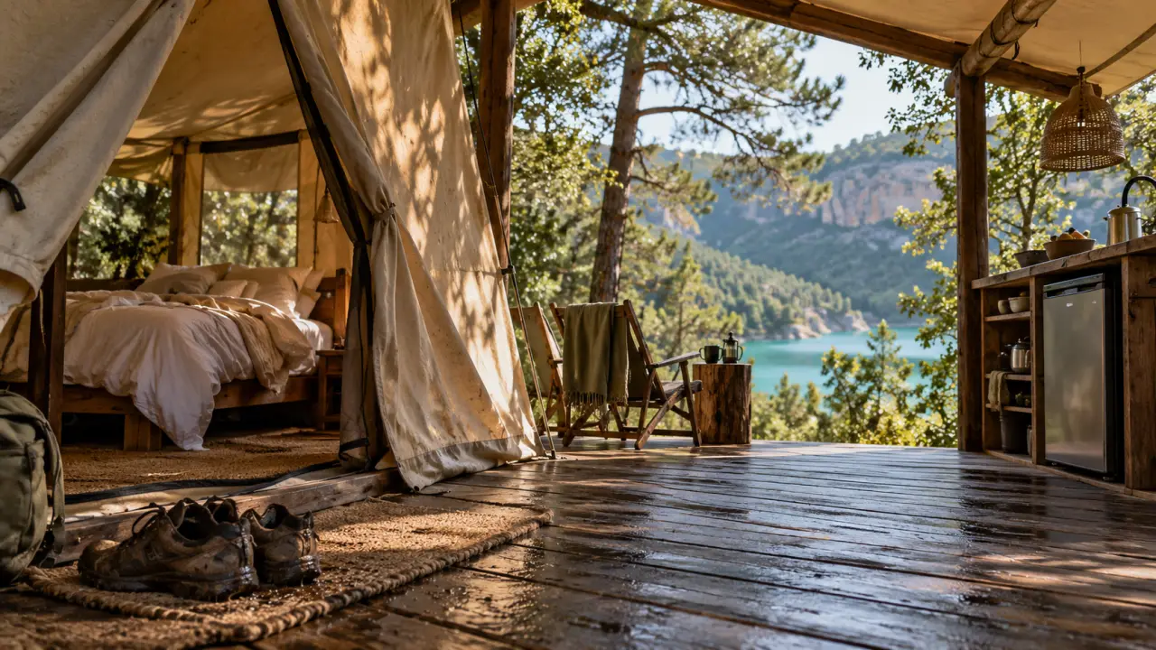 Camping avec tente lodge gorges du verdon : lit dans une tente en toile, terrasse bois, pins et lac turquoise