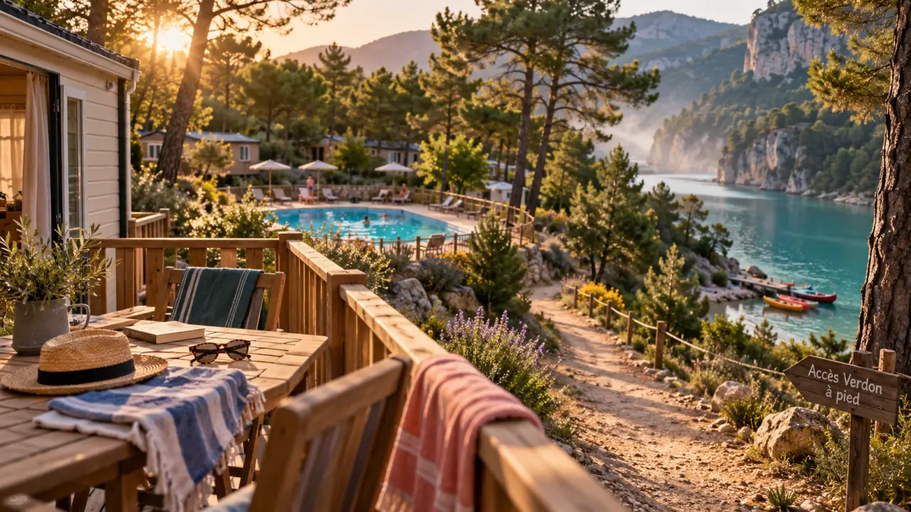 Camping verdon les grands domaines : terrasse mobil-home et piscine