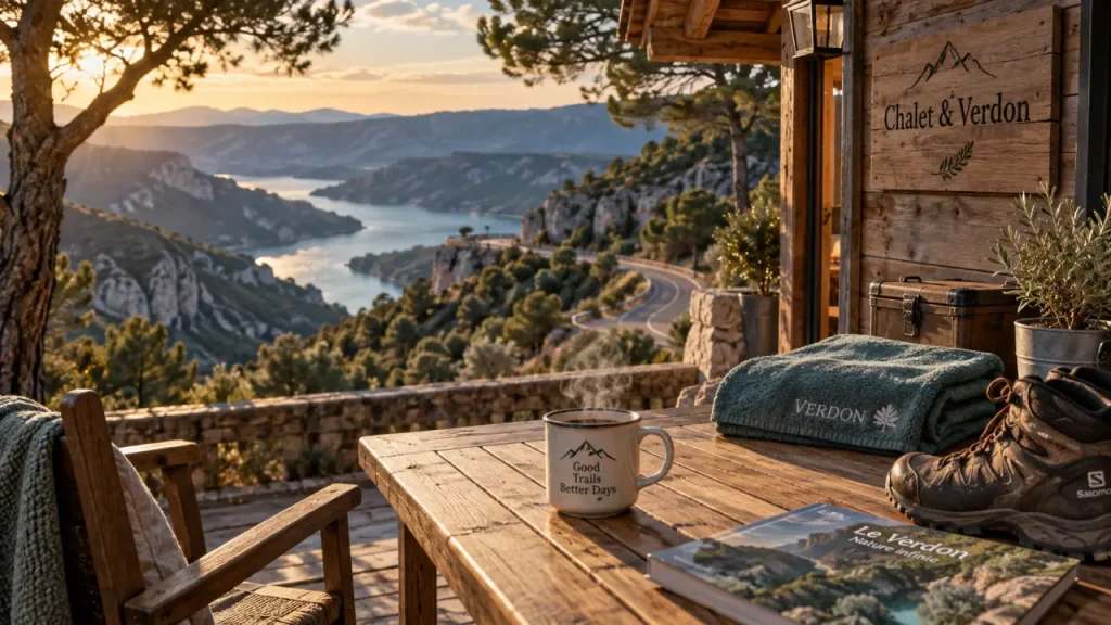 Chalet gorges du verdon : terrasse bois, vue sur la vallée et le lac de Sainte-Croix